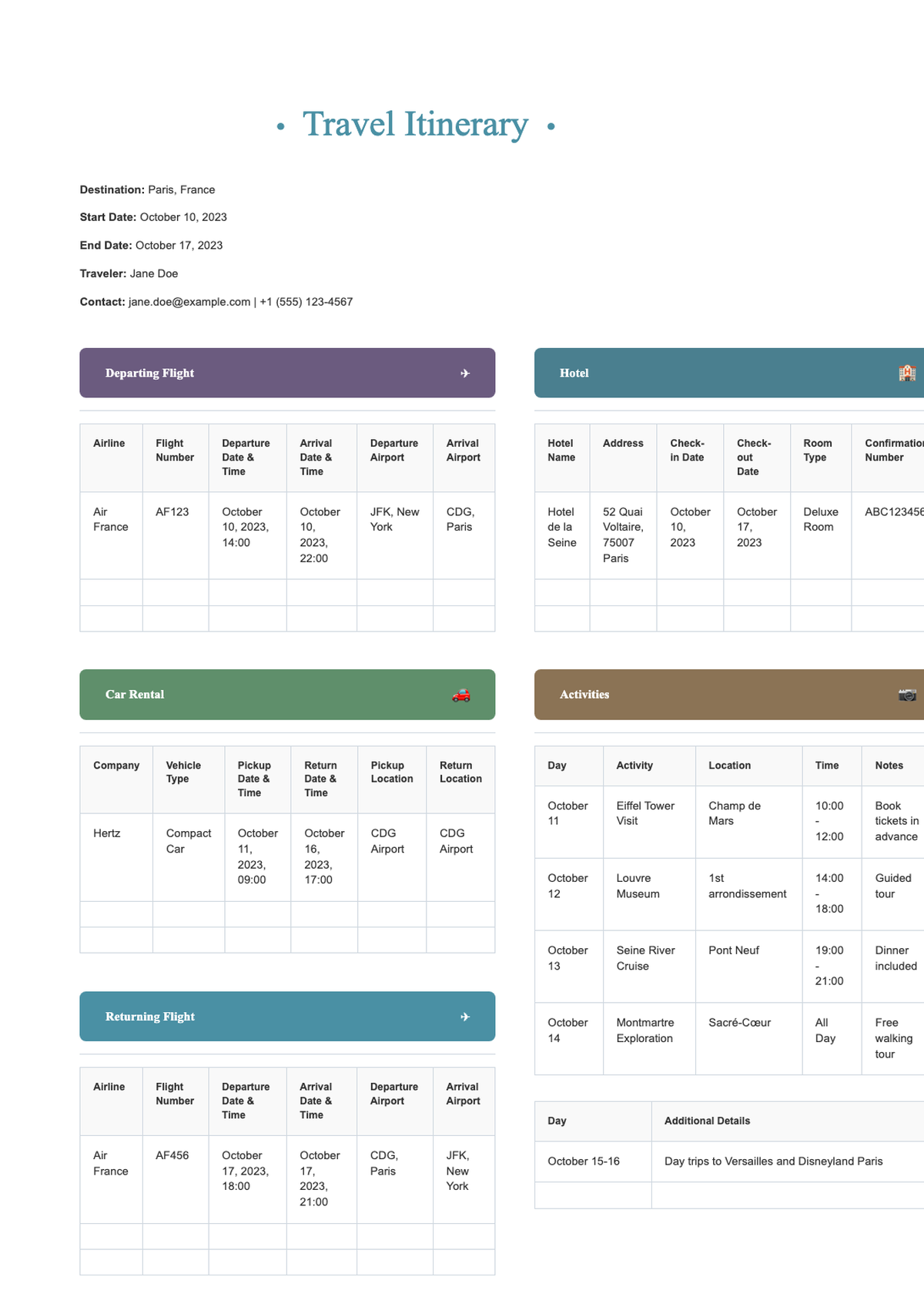 Colorful travel itinerary planner with flight car rental hotel and activities sections_variant_2